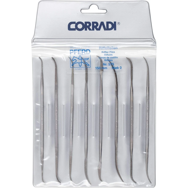Corradii Corrugated File Set, 8 Pieces, Swiss Cut 0, 150 mm, 19505752 - Suitable for Coarse Precision Machining of Hard-to-Reach Areas