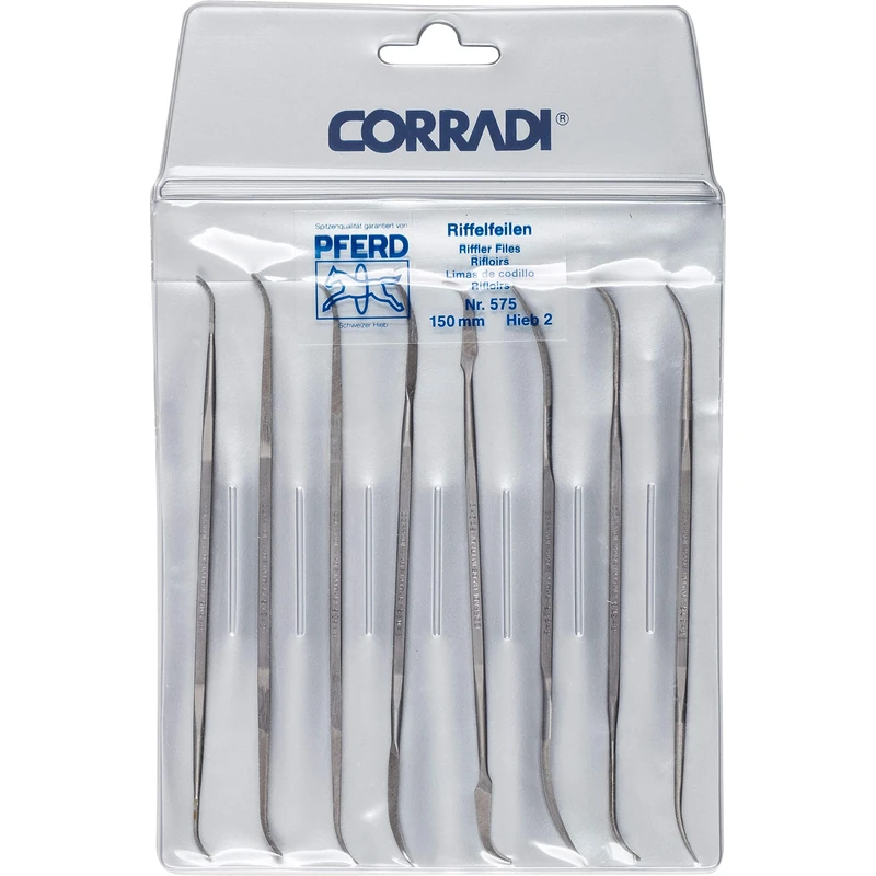 Corradii Corrugated File Set, 8 Pieces, Swiss Cut 2, 150 mm, 19505754 - Suitable for Medium Fine Precision Machining of Hard-to-Reach Areas