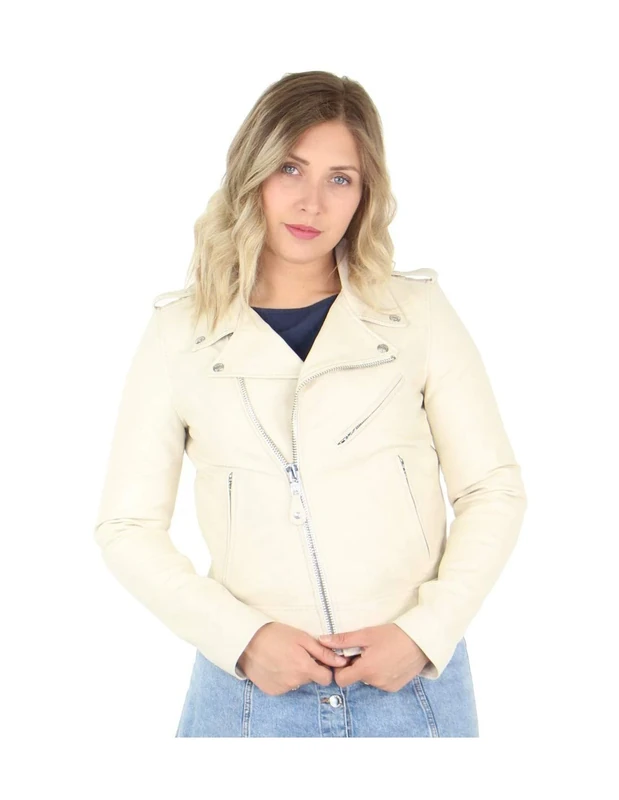 Schott NYC Women's Perfecto Biker Jacket without belt Long Sleeve Jacket, Off-White, Large