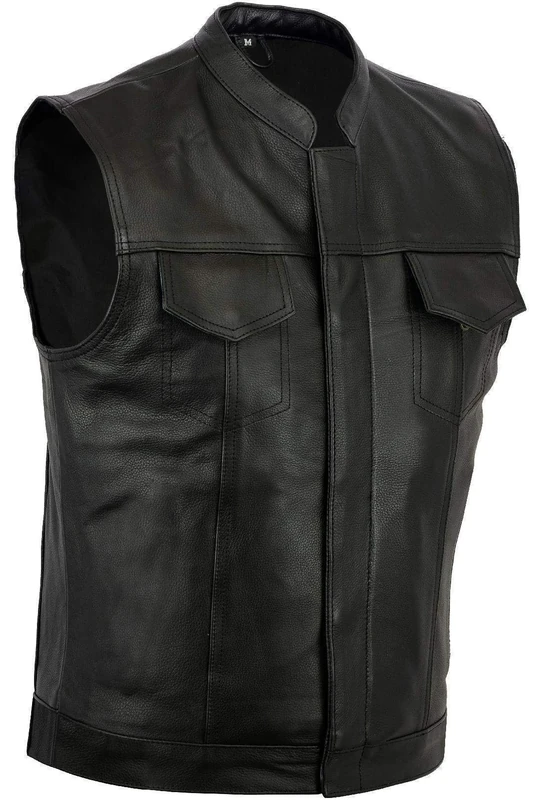 Bikers Gear Australia Black Revolver Motorcyle Leather Vest Sons of Anarchy Style Biker Sleeveless Waistcoat, Black, LARGE L