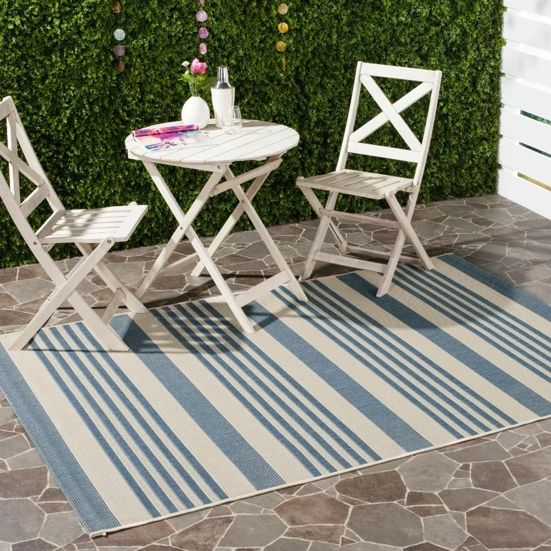 Safavieh Striped Indoor/Outdoor Woven Rectangle Area Rug, Courtyard Collection, CY6062, in Beige / Blue, 160 X 231 cm for Garden, Patio or Any Outdoor Space