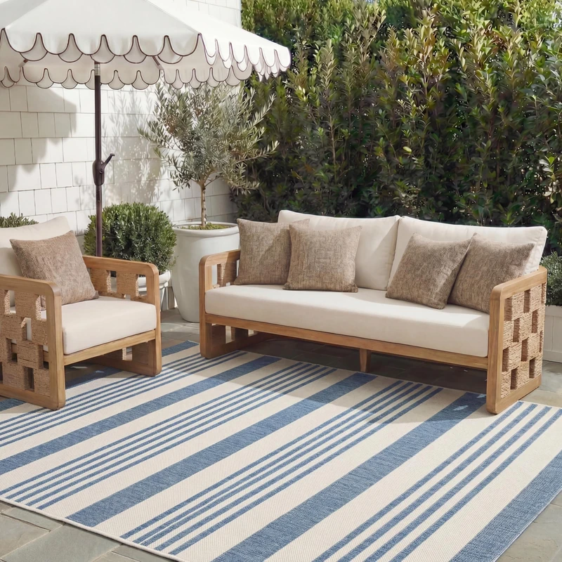 Safavieh Striped Indoor/Outdoor Woven Rectangle Area Rug, Courtyard Collection, CY6062, in Beige / Blue, 201 X 290 cm for Garden, Patio or Any Outdoor Space - Image 1