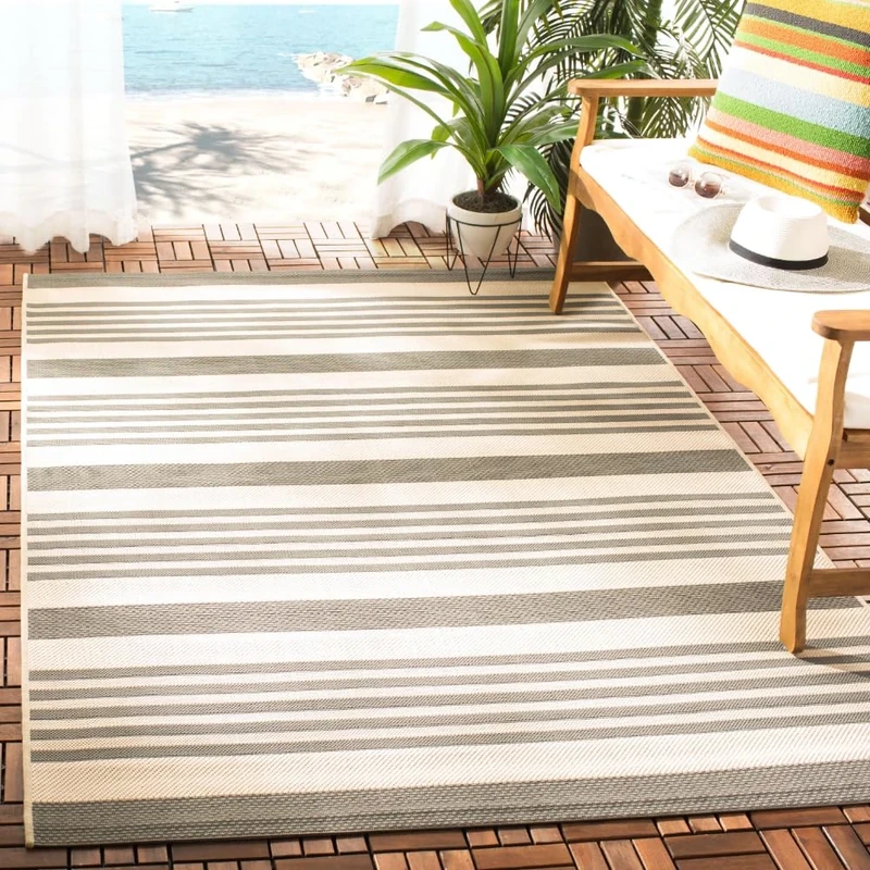 Safavieh Striped Indoor/Outdoor Woven Rectangle Area Rug, Courtyard Collection, CY6062, in Grey / Bone, 160 X 231 cm for Garden, Patio or Any Outdoor Space