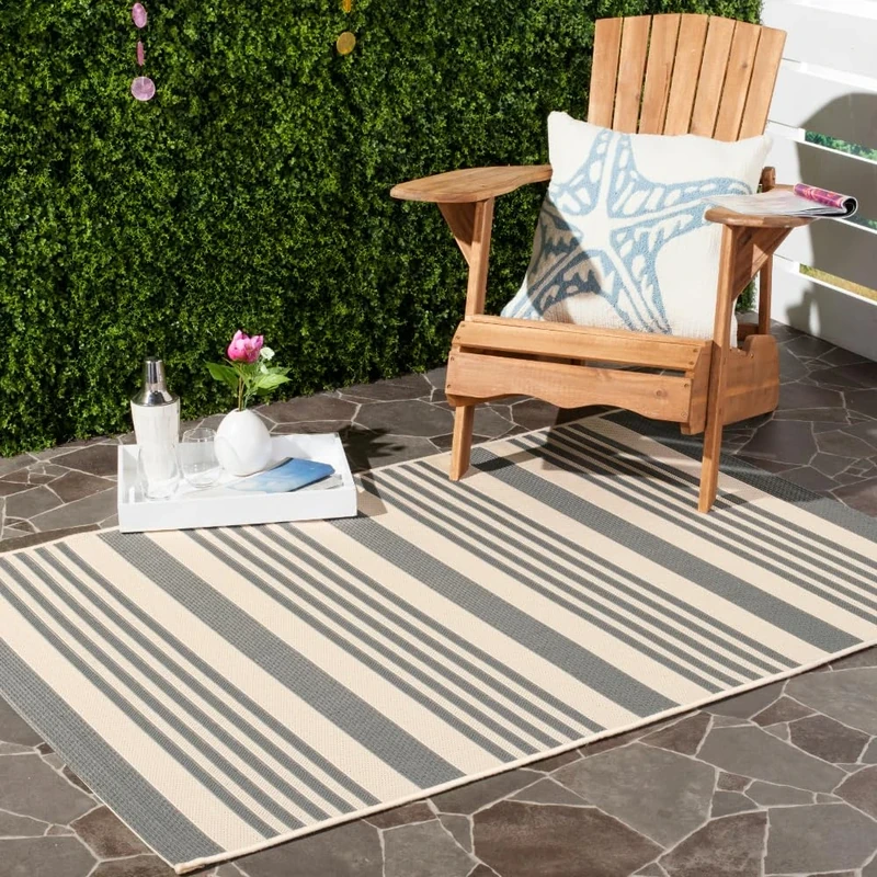 Safavieh Striped Indoor/Outdoor Woven Rectangle Area Rug, Courtyard Collection, CY6062, in Grey / Bone, 201 X 290 cm for Garden, Patio or Any Outdoor Space