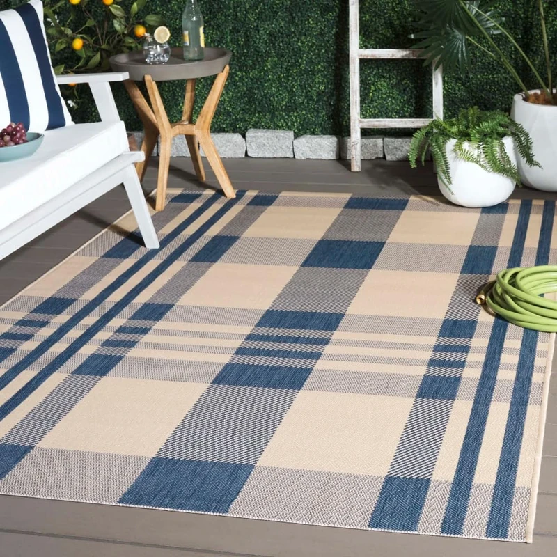 Safavieh Contemporary Indoor/Outdoor Woven Rectangle Area Rug, Courtyard Collection, CY6201, in Beige / Blue, 122 X 170 cm for Garden, Patio or Any Outdoor Space