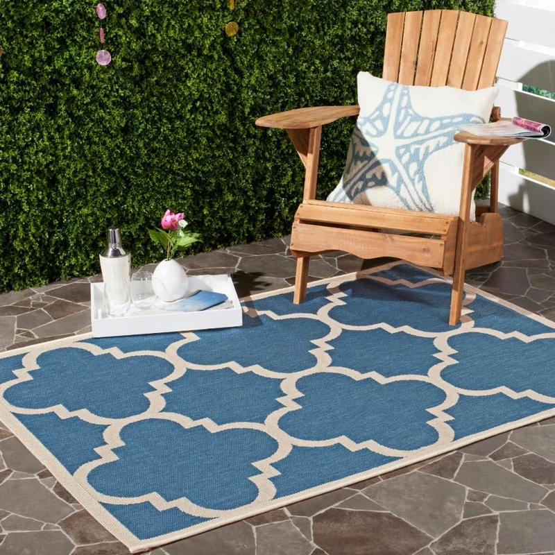 SAFAVIEH Trellis Rug for Indoor & Outdoor - Courtyard Collection, Short Pile, in Blue and Beige color, 122 X 170 cm