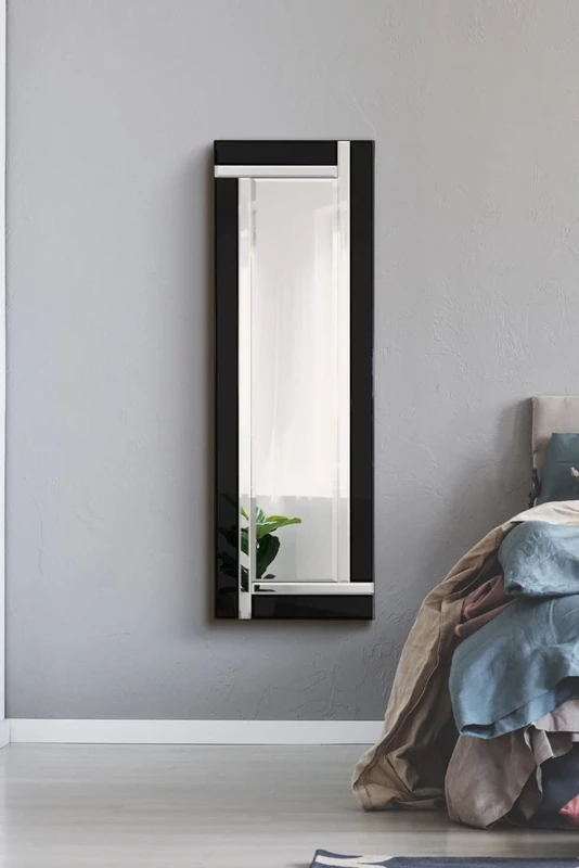 MirrorOutlet 3Ft11 X 1Ft3 (120cm X 40cm) Black/Silver Bevelled Frameless Wall Mirror Modern,SWS006