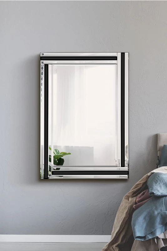 Modern Black And Silver Triple Bevelled Wall Mirror 3Ft3 X 2Ft3 (70cmx100cm)
