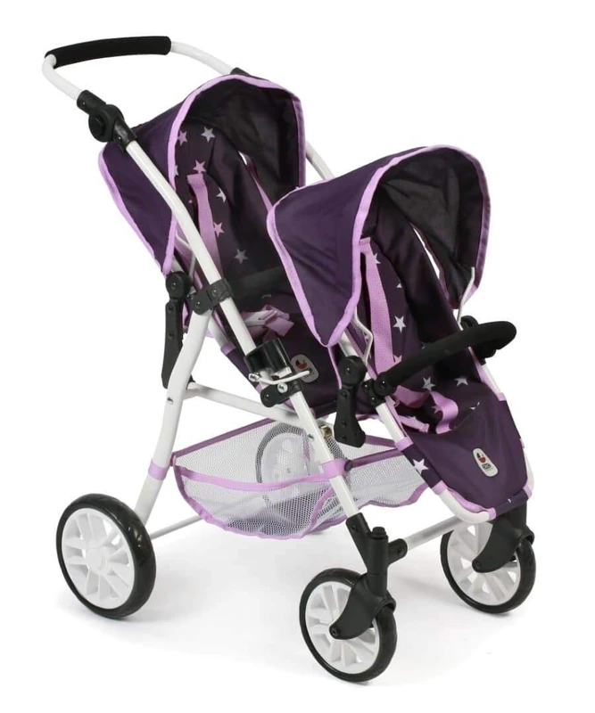 Twinny Twin Buggy for Two Dolls, Doll's Pram for Children from 4 to 8 Years, Stars Purple