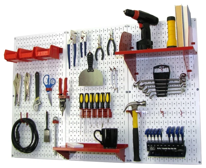 Wall Control 30-WRK-400 WR Pegboard Organizer 4' Metal Standard Tool Storage Kit with White Tool Board and Red Accessories