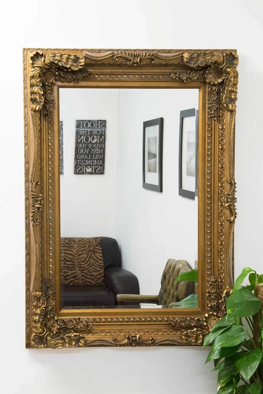 MirrorOutlet Large Antique Style Gold Wall Mounted Rectangle Wood Mirror 4Ft X 3Ft 122x92cm, 122x92x10,GL230