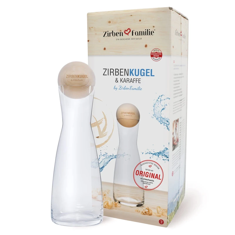 Original ZirbenKugel Set Spiegelau Edition • 1 Litre Glass Carafe from Spiegelau with Naturally Scented Pine Ball with Engraving of The ZirbenFamilie - Known from Specialist Trade and The Hotel - Image 1