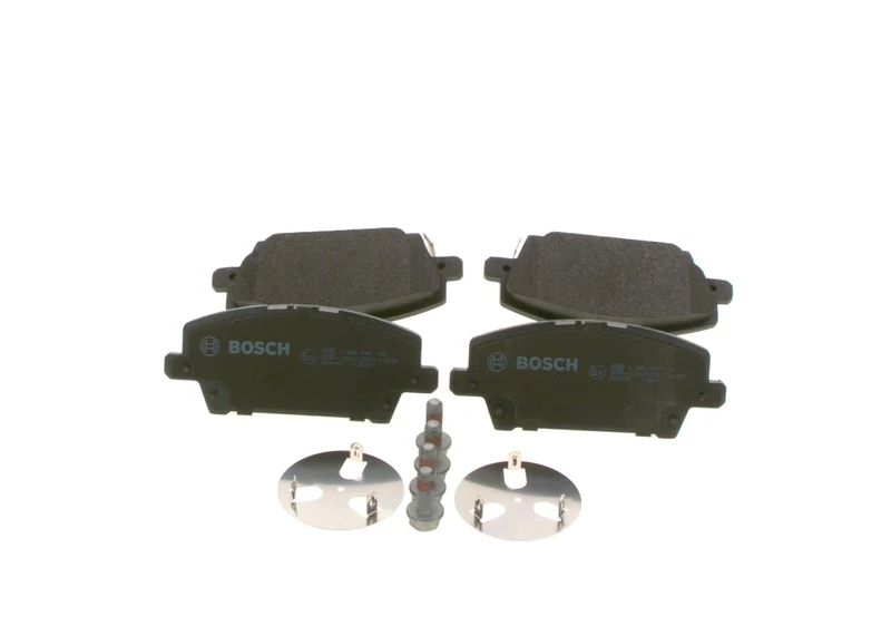 Bosch BP1047 - Brake Pads Car Front Axle - Bosch Quality - Reduced Noise and Dust - ECE-R90 Certified - Copper-Free - 1 Set of 4 Pads - With Accessories