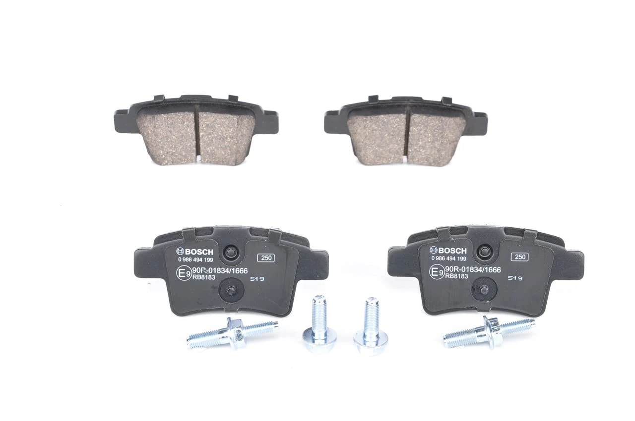 Bosch BP1110 - Brake Pads Car Rear Axle - Bosch Quality - Reduced Noise and Dust - ECE-R90 Certified - Copper-Free - 1 Set of 4 Pads - With Accessories