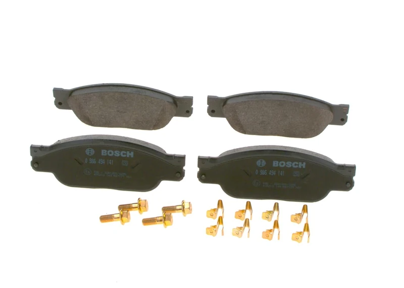 Bosch BP1052 - Brake Pads Car Front Axle - Bosch Quality - Reduced Noise and Dust - ECE-R90 Certified - Copper-Free - 1 Set of 4 Pads - With Accessories