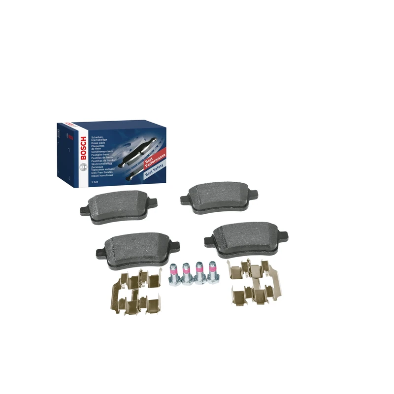 Bosch BP1221 - Brake Pads Car Rear Axle - Bosch Quality - Reduced Noise and Dust - ECE-R90 Certified - Copper-Free - 1 Set of 4 Pads - With Accessories