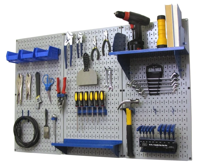 Wall Control Pegboard Organizer 4 ft. Metal Pegboard Standard Tool Storage Kit with Gray Toolboard and Blue Accessories