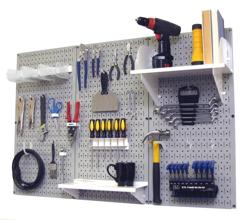 Wall Control 30-WRK-400 GW Pegboard Organizer 4' Metal Standard Tool Storage Kit with Gray Tool Board and White Accessories