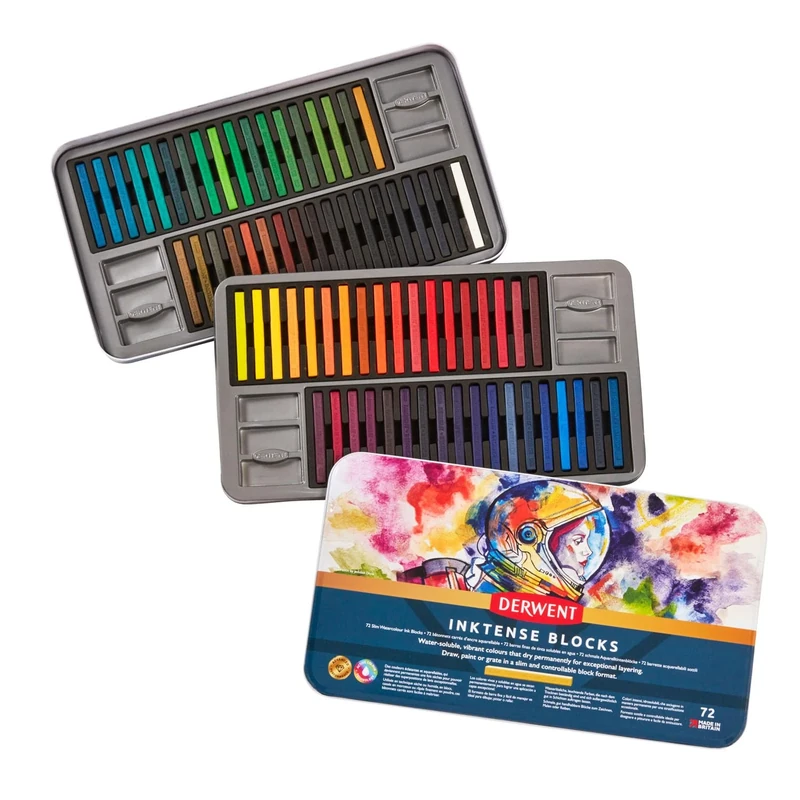 Derwent Inktense Blocks 72 Tin, Set of 72 Water-Colours, 8mm Block, Water-Soluble, Ideal for Drawing, Colouring, Crafts & Painting on Paper & Fabric, Professional Quality (2301980)