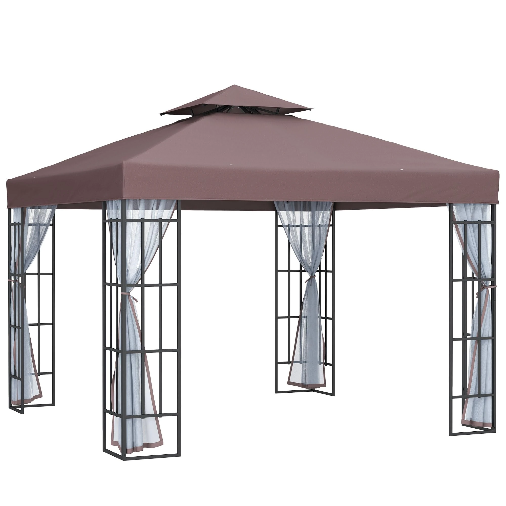 Outsunny 3 x 3(m) Patio Gazebo Canopy Garden Pavilion Tent Shelter with 2 Tier Roof and Mosquito Netting, Steel Frame, Coffee