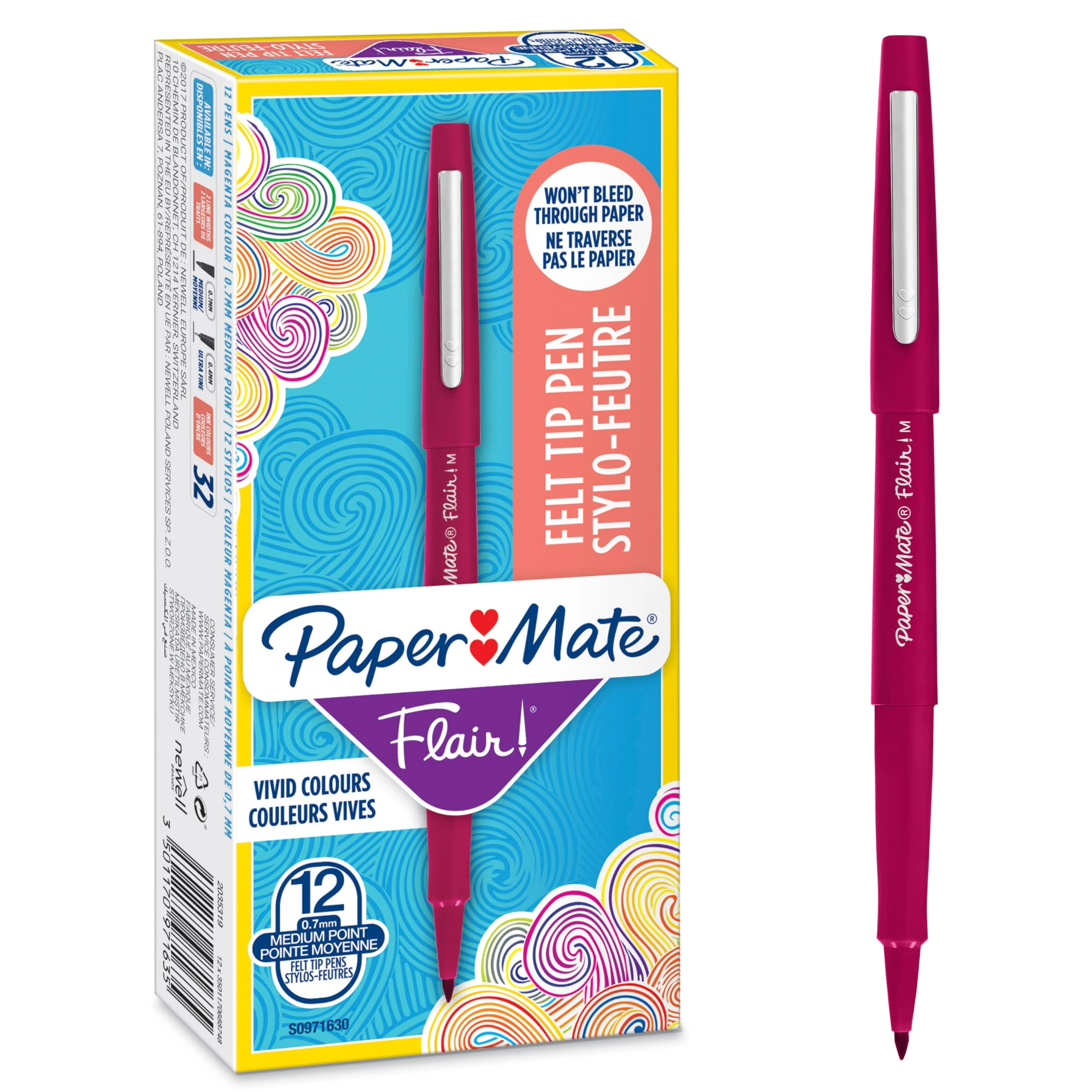 Paper Mate Flair Felt Tip Pens | Medium Point (0.7 mm) Marker Pens | Magenta Red Pens | For WritingMarkingDrawing & Sketching | 12 Count