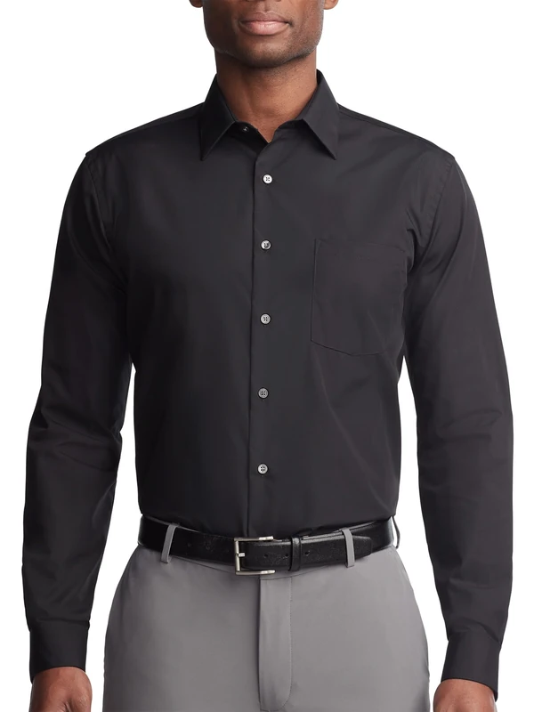 Van Heusen Men's Dress Shirt Regular Fit Poplin Solid, Black, 18" Neck 34"-35" Sleeve