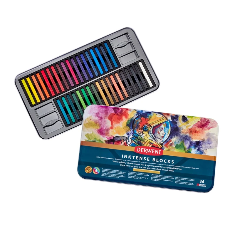 Derwent Inktense Blocks 36 Tin, Set of 36 Water-Colours, 8mm Block, Water-Soluble, Ideal for Drawing, Colouring, Crafts & Painting on Paper & Fabric, Professional Quality (2301979)