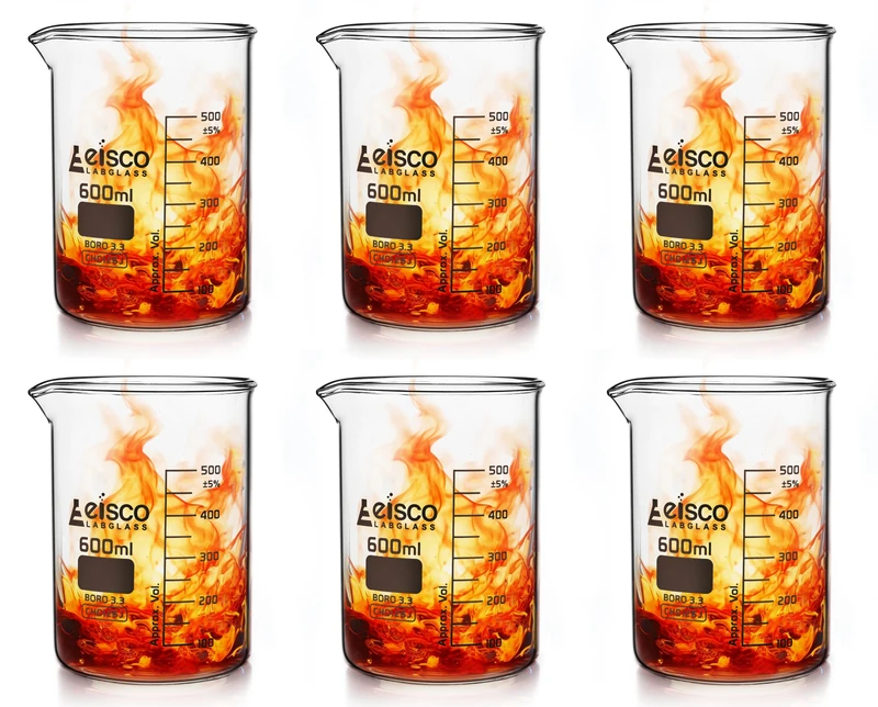 Beakers, Pack of 6-600mL, Borosilicate Glass, 50mL graduation Low form - Eisco Labs