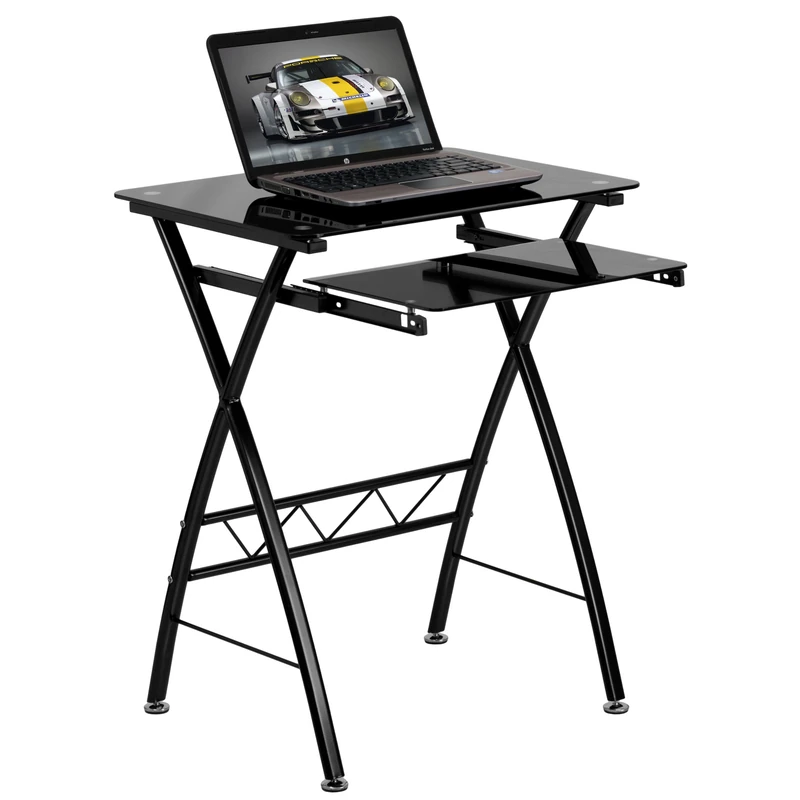 Flash Furniture Tempered Computer Desk with Pull-Out Keyboard Tray, Metal, Black Glass Top/Black Frame, 78.739999999999995 x 46.99 x 14.605 cm