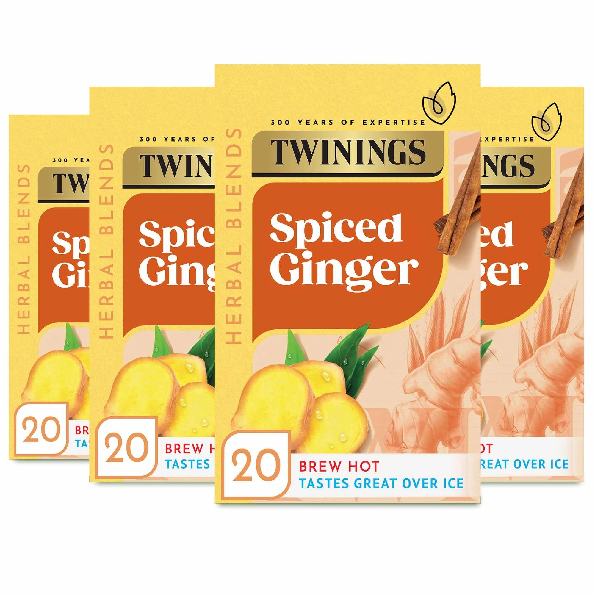 Twinings Ginger FlavouredTea - 80 Biodegradable Tea Bags (Multipack of 4 x 20 Bags) , Warming Herbal Blend, Caffeine-Free, Multipack for Convenience and Freshness