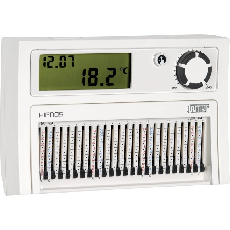 VEMER VE013900 model HIPNOS Daily chronothermostat with trippers and battery supply. Wall-mounting. Color white