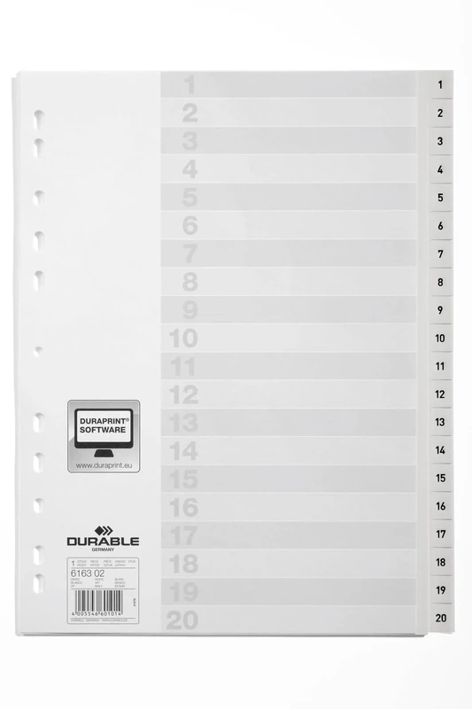 Durable Index Files Labled 1-20 - Pre Printed Tabs with Universal Punching - Pack of 20 White Index Sheets - Organise Your Important Documents