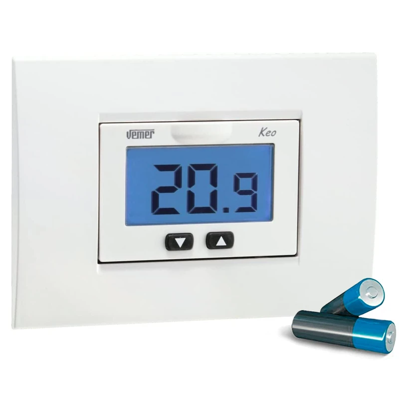 VEMER VE267100 model KEO-B LCD Flush-mounting thermostat with battery-supply and LCD display. Flush-mounting. Color white/Anthracite grey