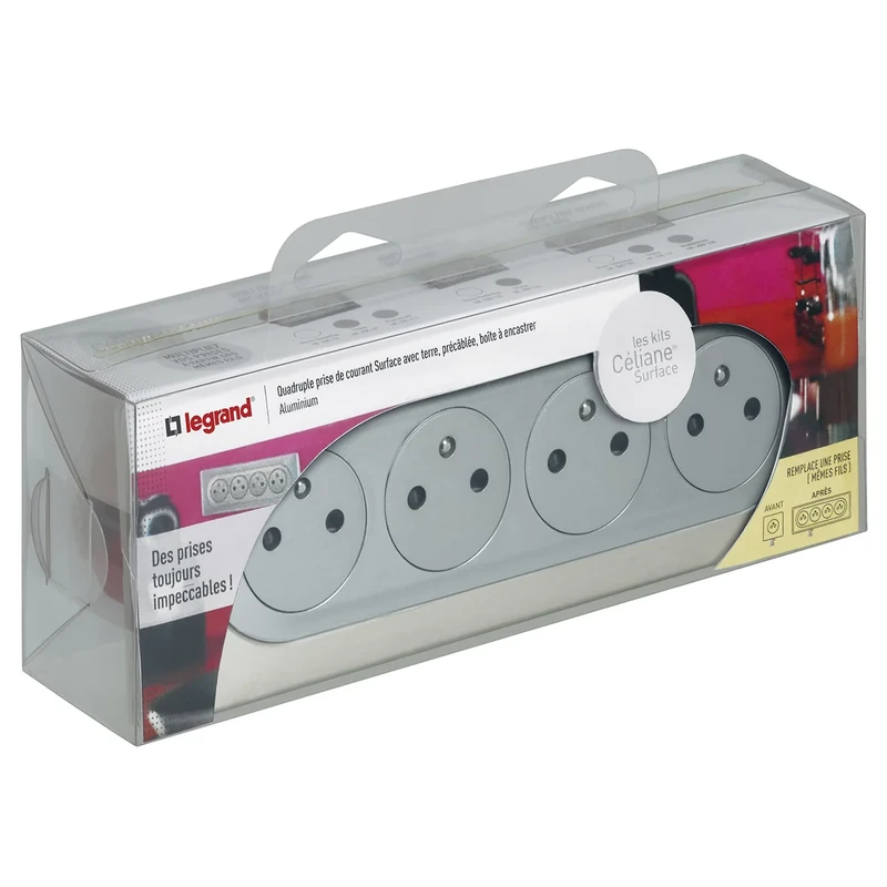 Legrand Céliane Complete Kit – 4 Plugs Two Poles with pre-Wired Earth Socket, Grey, 200227, 230 voltsV
