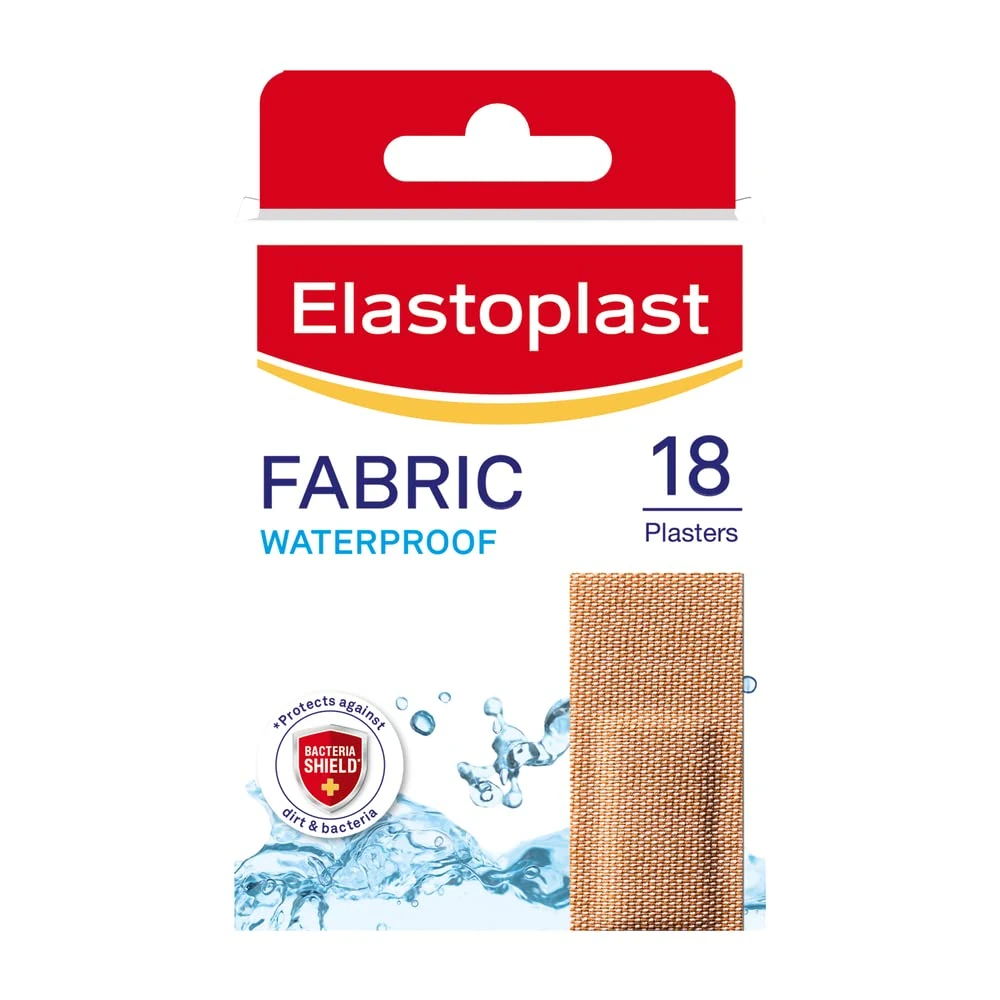 Elastoplast 18 Waterproof Fabric Plaster Strips (18 Strips), Large Pack of Fabric, Breathable, Waterproof