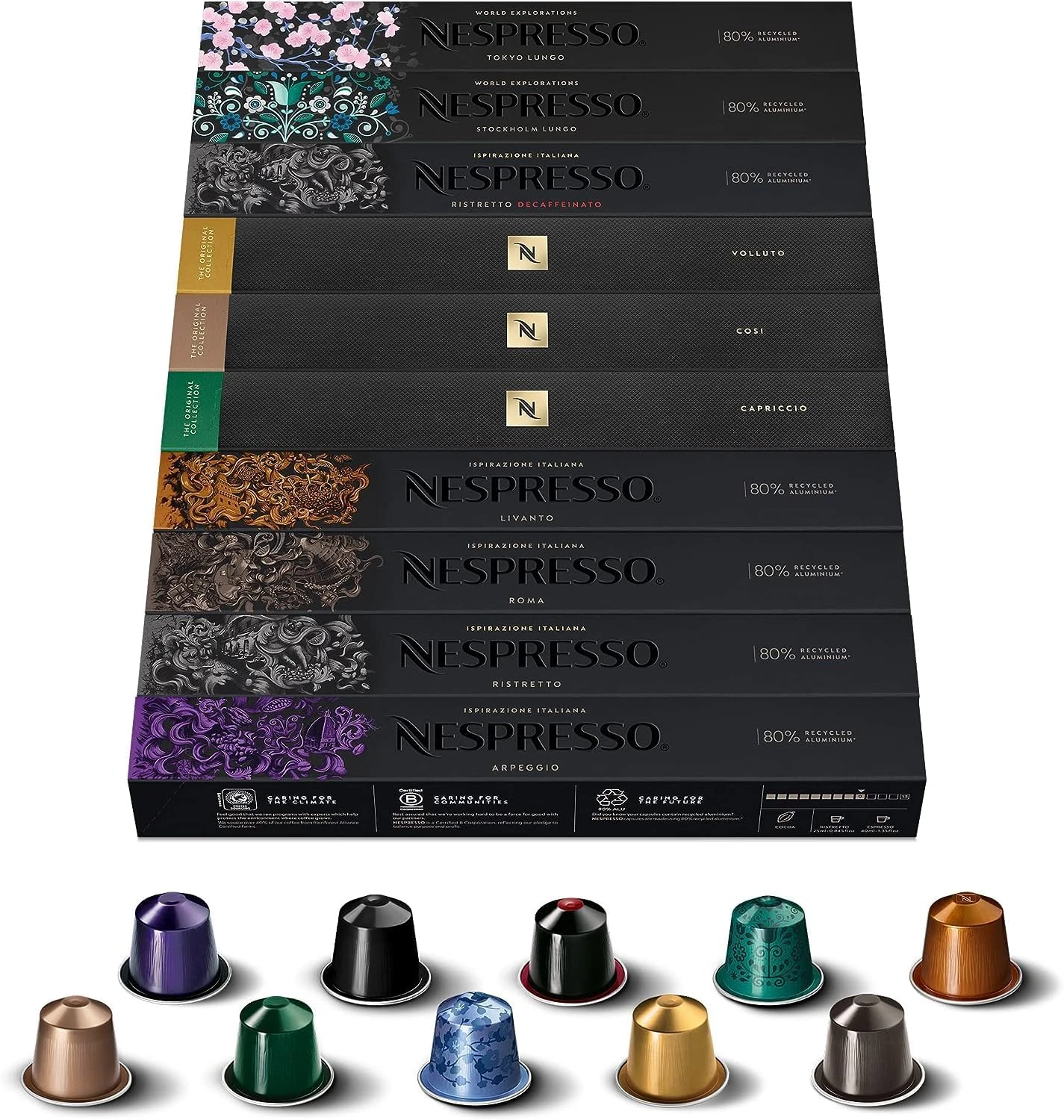 Nespresso Original Coffee Pods, 100 mix pack - 10 Ristretto, 10 Arpeggio, 10 Roma, 10 Cosi, 10 Volluto capsules and more for Nespresso machines. Make Espresso, Cappuccino & Macchiato. Recyclable Pods
