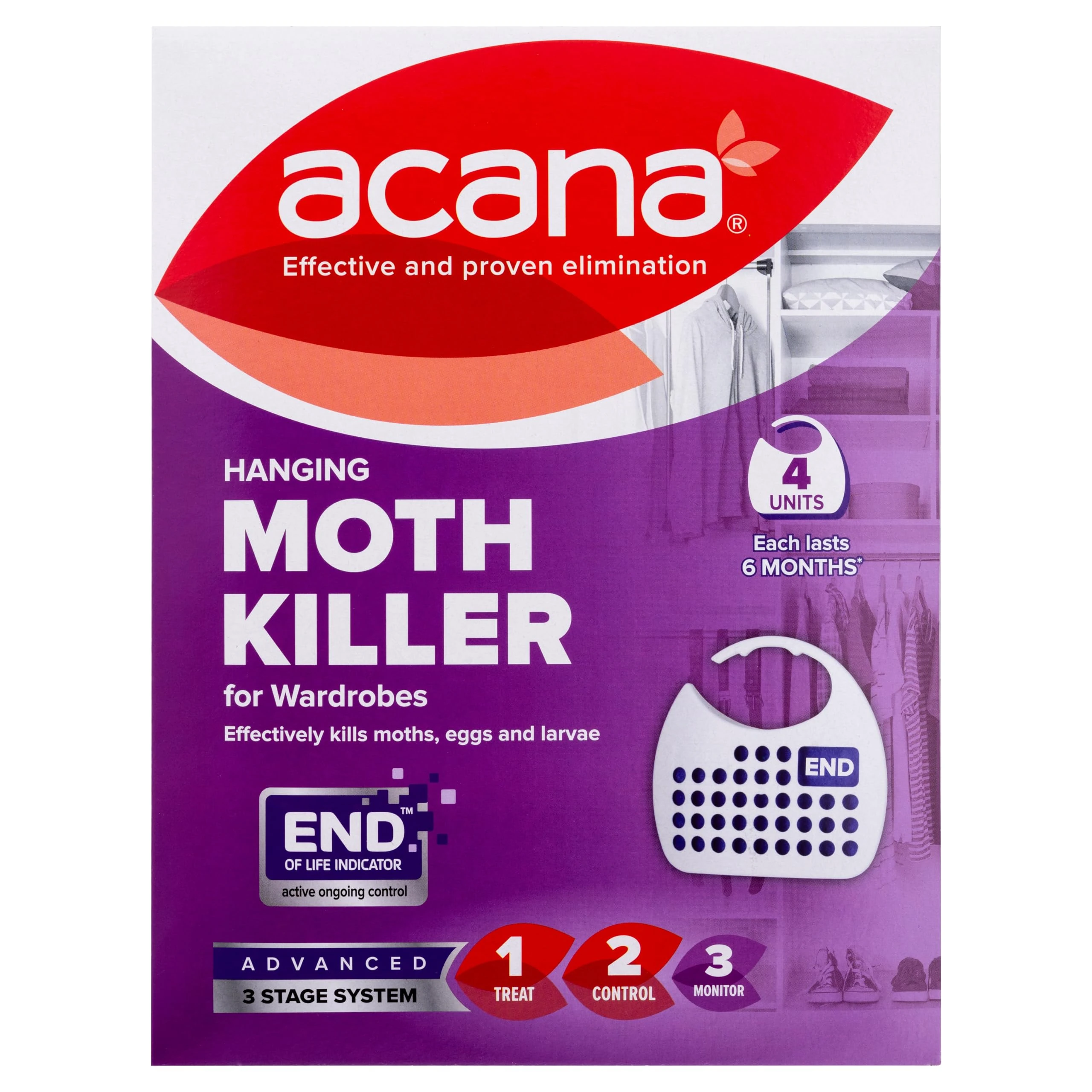 Acana Hanging Moth Killer & Freshener, 4 Pack - Lavender Fragrance, Natural Oils - For Wardrobes - Protects Clothing & Bedding - Each Lasts 6 Months
