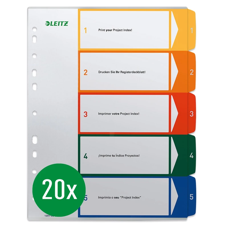 Leitz A4 1-5 Index, PC-Printable, Heavy Duty Plastic, Standard Colours - White/Multicolour