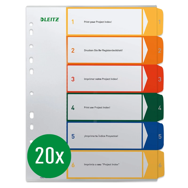 Leitz 19200000 Printable Plastic Index A4 Polypropylene 6 Sheets Coloured Pack of 20