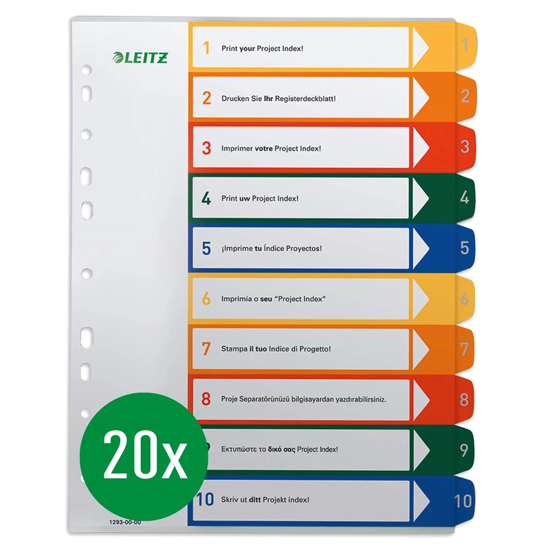 Leitz A4 Index Tabs, Pack of 10, 1-10, 10 Dividers, Writeable Cover Sheet, Extra Wide, Polypropylene, Multi-Colour, 12930000