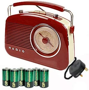 KNG Retro Radio Red 1950's Portable (Battery - batteries included) & Mains Electric (2 year guarantee) Retro Style Rotary Radio (UK plug model) RED / Brown Wood Style with Ivory Cream White detailing