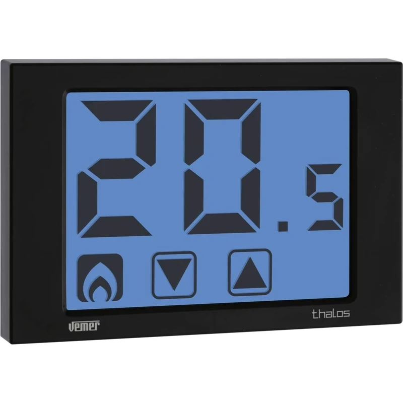 VEMER VE433900 Model THALOS Nero Wall-mounting Thermostat with Touch Screen Display, Battery Supply 2x1,5V (AAA). Color: Black