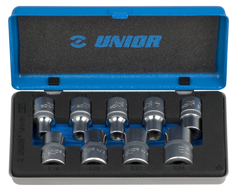 Unior 191MB1 Socket Spanner 1/2 Inch for External TX Screws Set in Metal Case E 10-E 24/9