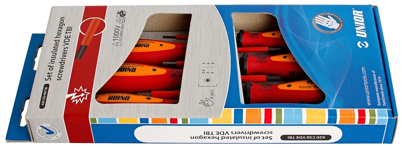 UNIOR 617048 - Juego de 6 destornilladores HX aislados VDE with bola TBI en caja de cartón Series 620CS6VDETBI