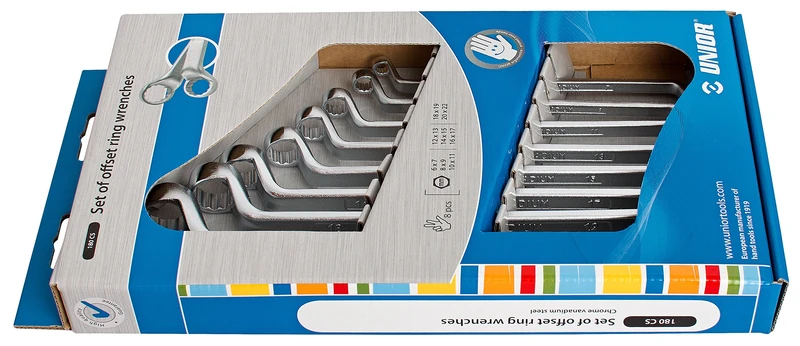 Unior Double Ended Ring Spanner Set, Deep Offset in Display Box, 1 Piece, 180/1CS