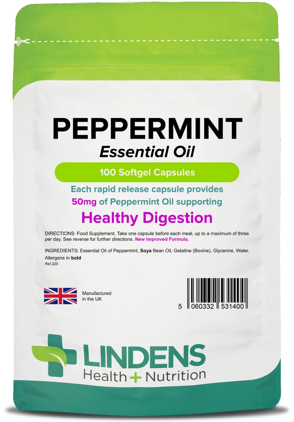 Lindens - Peppermint Oil 50mg Capsules - 100 Pack - UK Made - Essential Oil of Peppermint Supporting Healthy Digestion - Letterbox Friendly