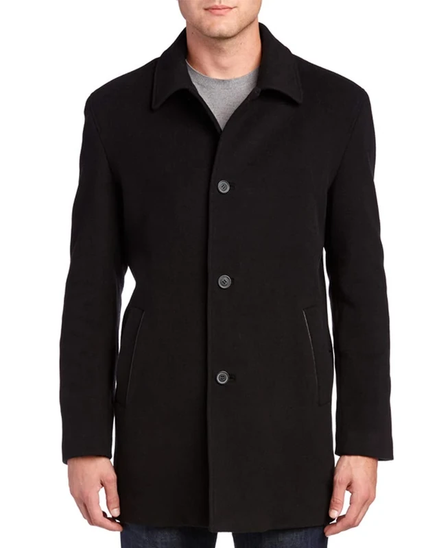 Cole Haan Men's Cashmere Blend Overcoat, Single-Breasted Mid-Length Jacket Wool Coat, Black, L