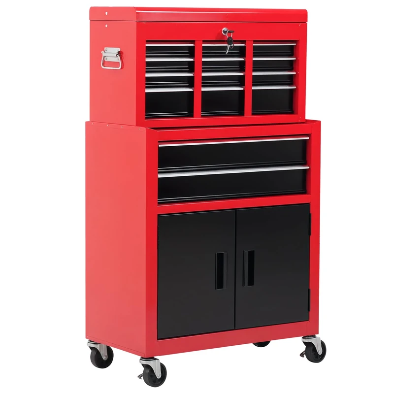 HOMCOM Tool Chest, Metal Tool Cabinet on Wheels with 6 Drawers, Pegboard, Top Chest and Roller Cabinet Combo, 61.6 x 33 x 108cm, Red and Black