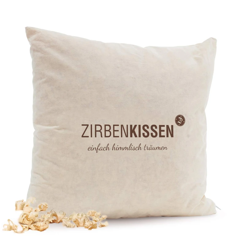 Zirben Familie Natural Decorative Cushion 40 x 40 cm • Decorative Cushion Filled with Swiss Pine Flakes, Lettering Simply Heavenly Dream • ZirbenFamilie, Known from Specialist Trade and Hotel Industry - Image 1