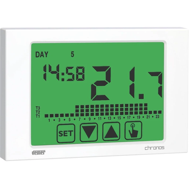 VEMER VE453700 Model Chronos 230 Bianco Weekly chronothermostat with Touch Screen Display. Wall-mounting, 230Vac. Color White